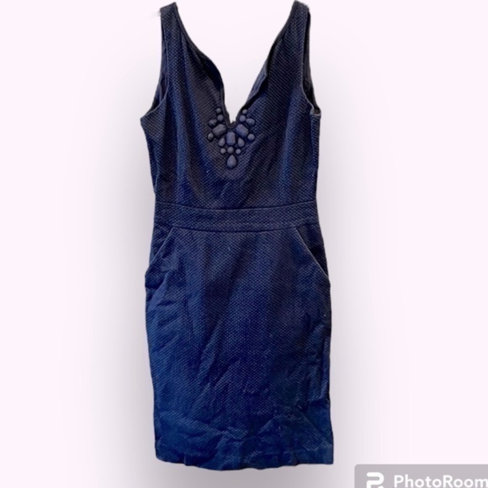 🐠C Wonder dress navy sleeveless v-neck pockets lined cotton embellished 0 BUDGET